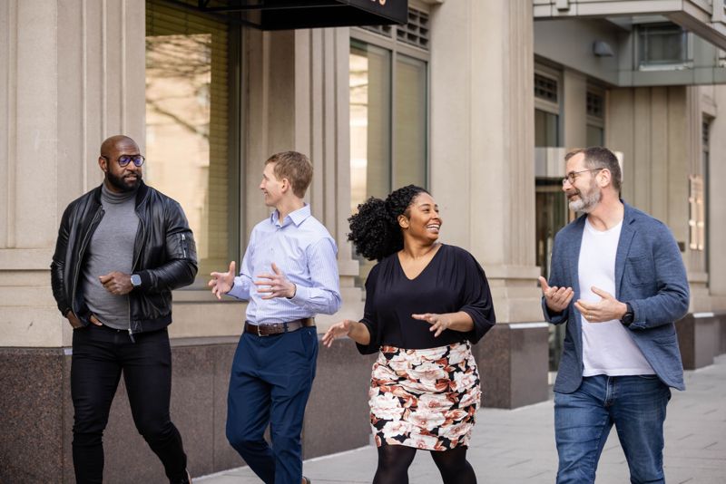 Executive MBA students walking and talking together in Washington, DC